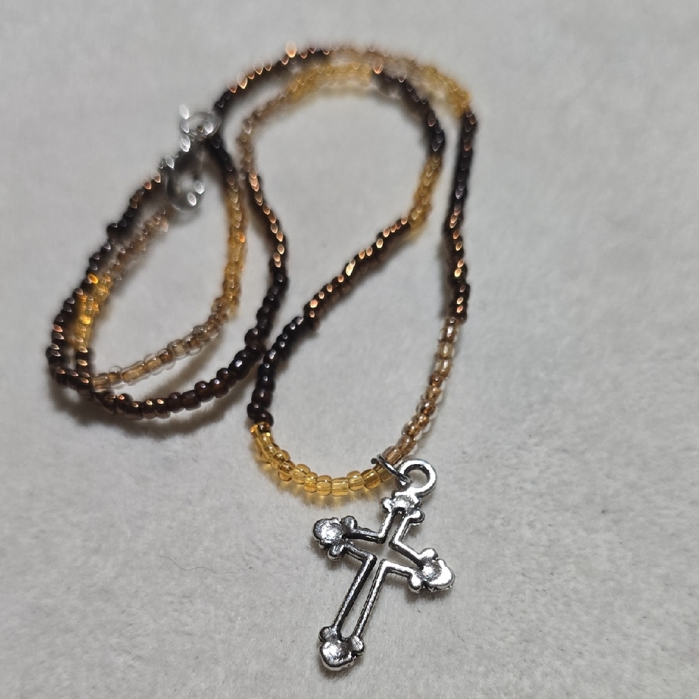 Silver and Brown Cross Pendant Necklace with Gradient Beads